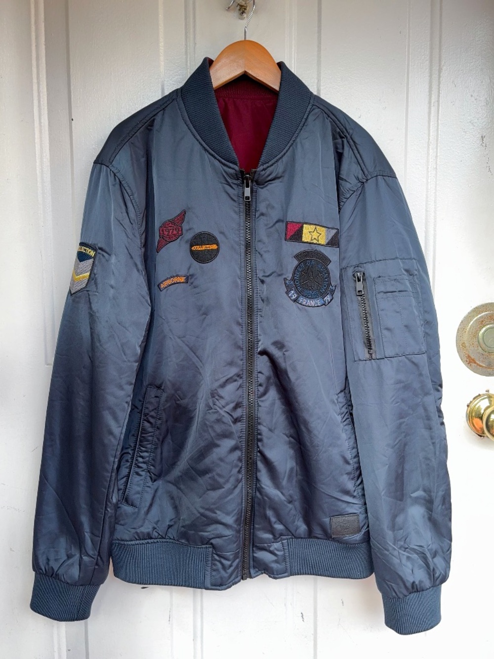 Kevitle NASA Collection Reversible Bomber Jacket Men M Gray Burgundy Patches